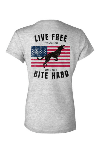 Live Free Bite Hard V Neck Tee Back Print