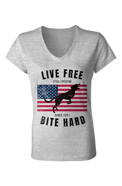 Live Free Bite Hard V Neck Tee Front Print