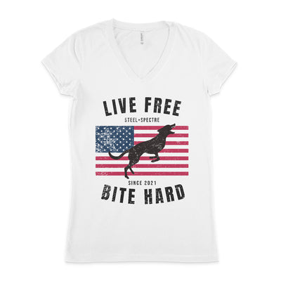 Live Free Bite Hard V Neck Tee Front Print