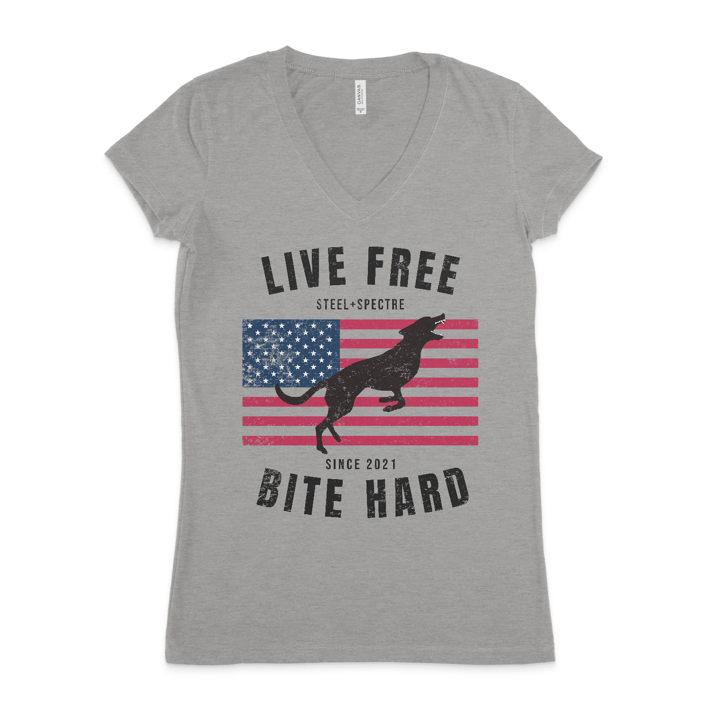 Live Free Bite Hard V Neck Tee Front Print