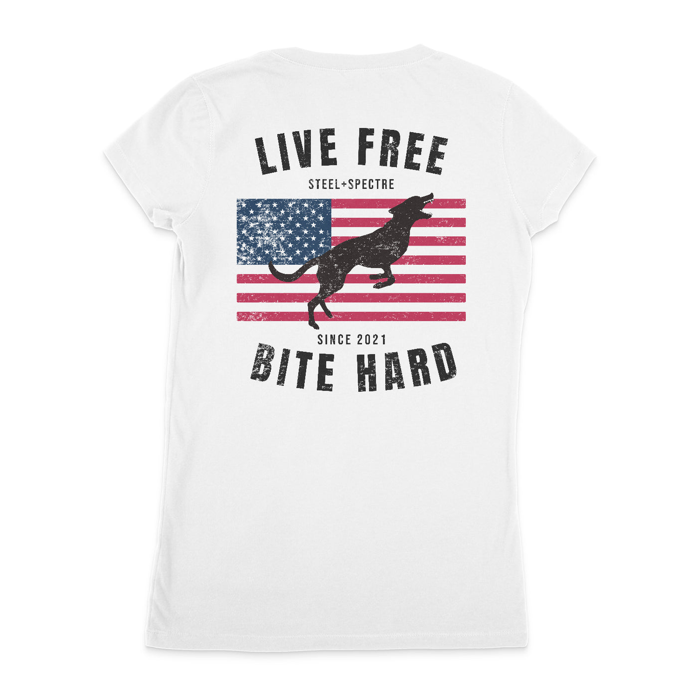 Live Free Bite Hard V Neck Tee Back Print