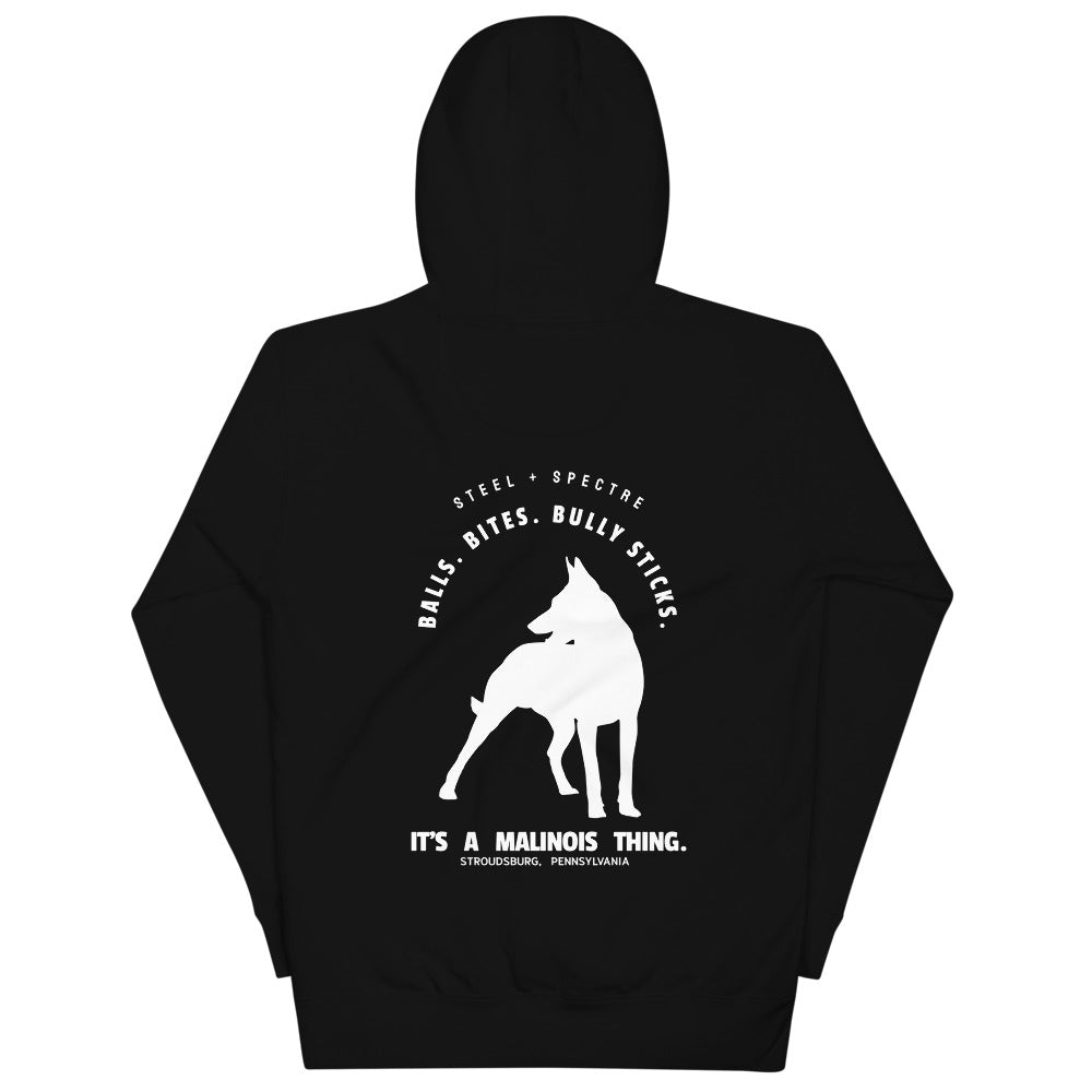 Belgian Malinois Balls Bites Bully Sticks Unisex Pullover Hoodie